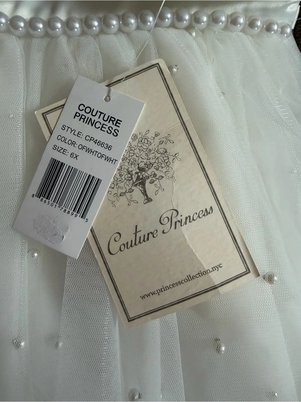Girls’ Couture Princess White Pearl Trim Tulle Dress